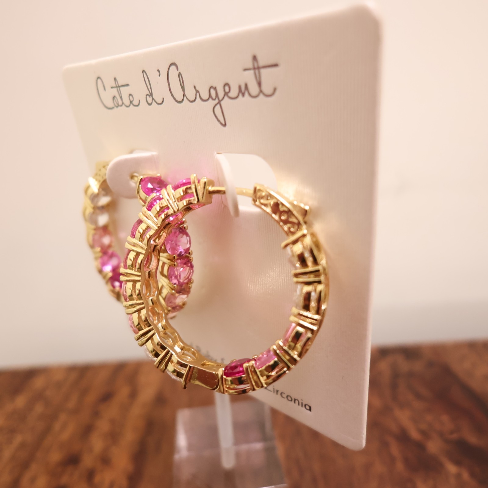 Cote d’Argent earrings pink crystal hoops inside-out lab-created rubies CZ 925