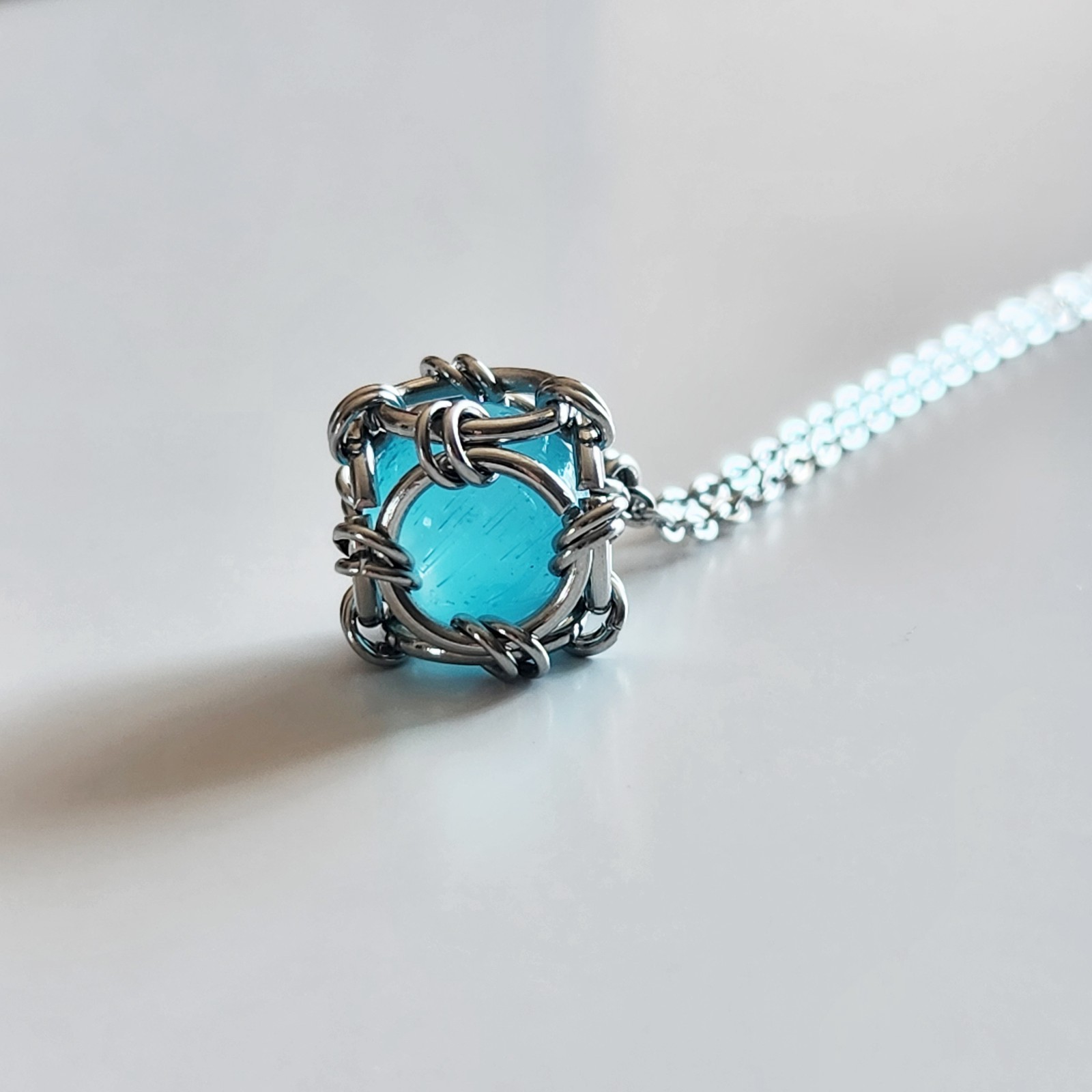 Aqua blue and silver necklace made of stainless steel for women
