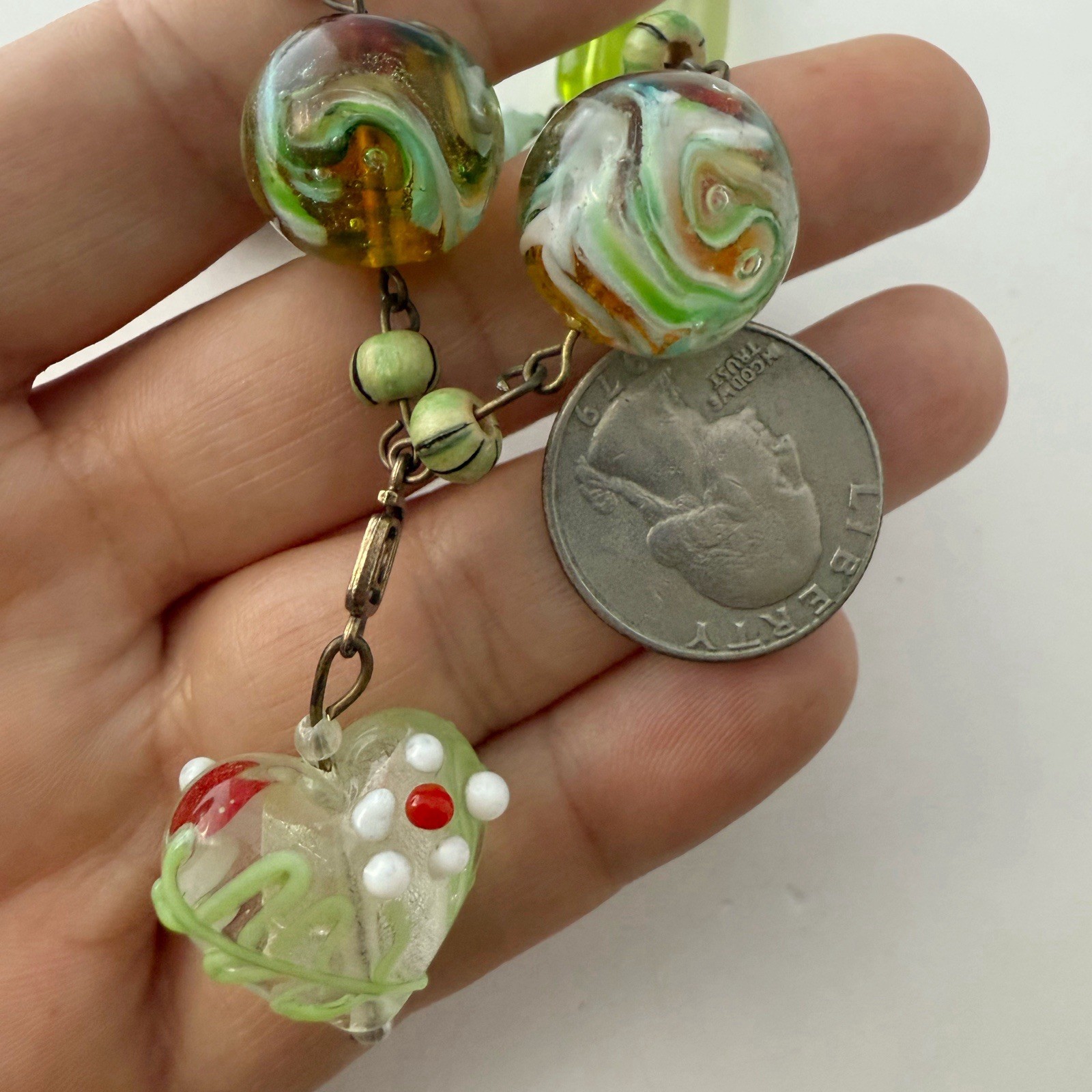 Vintage Green Multicolor Lampwork Art Glass Beaded Heart Drop Necklace