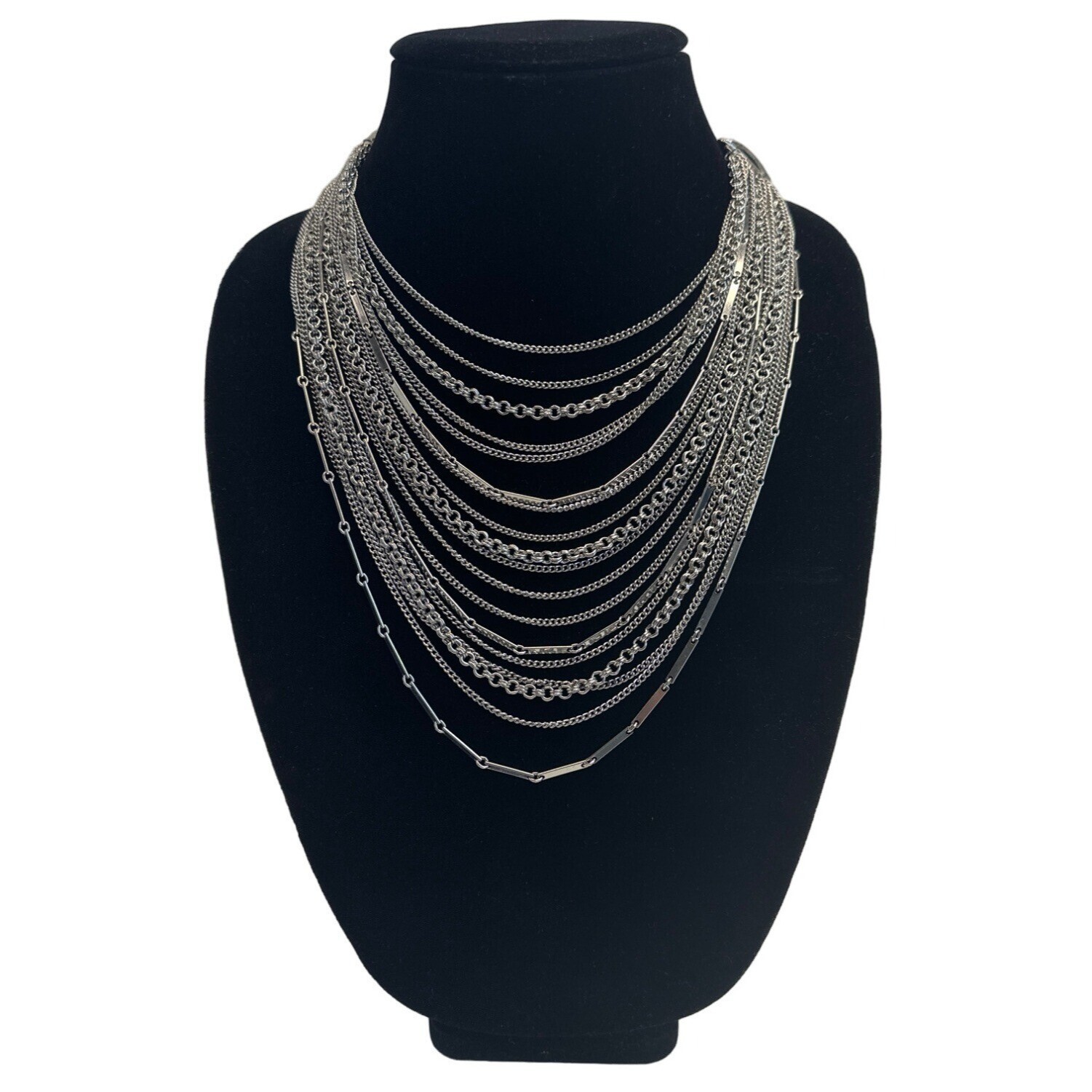 Women’s Silver Tone Multi Layer Bib Chain Necklace – 17in