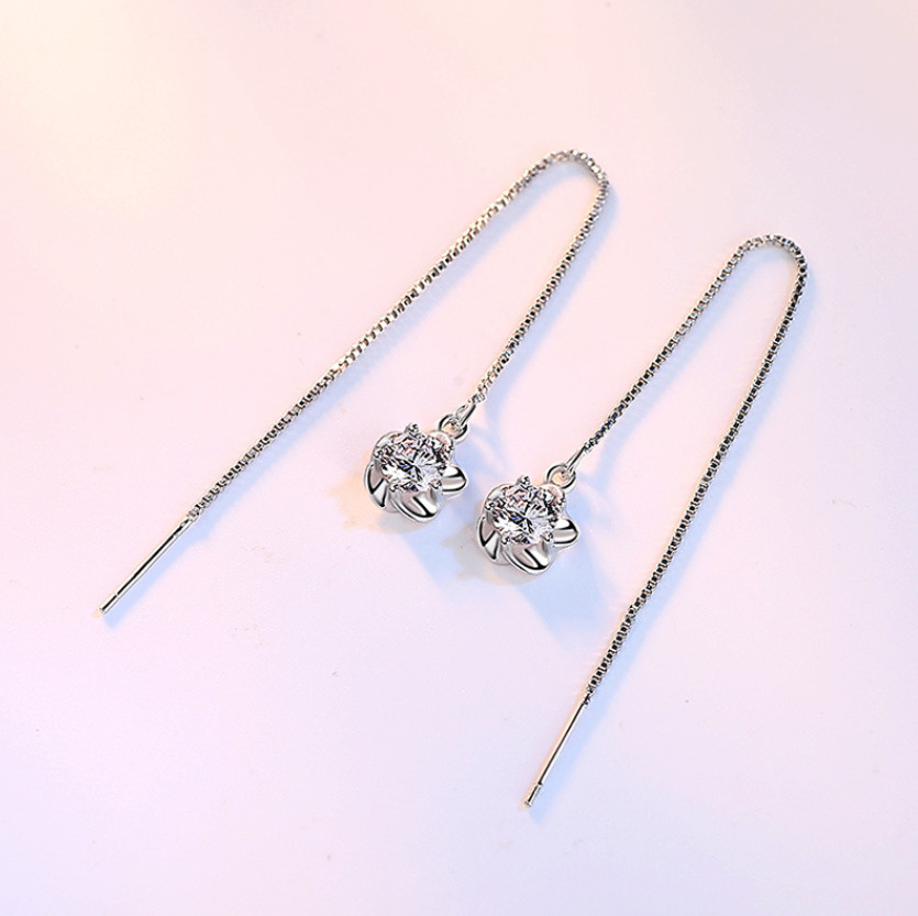 925 Sterling Silver Plated Plumeria CZ Flower Tassel Pull Threader Earrings TH1