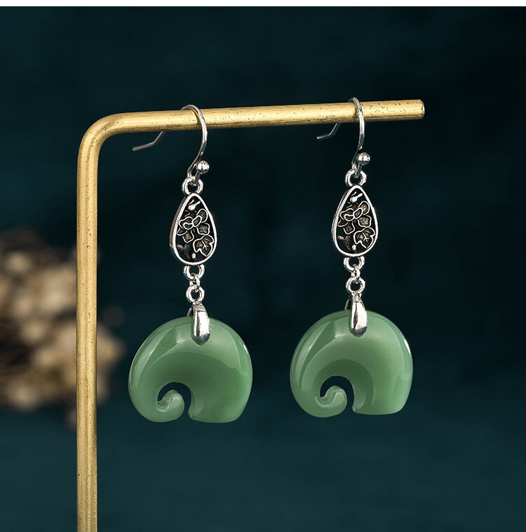 Jade Bohemian Drop Dangle Earrings Elephant Gemstone Boho 18K White Gold Plated