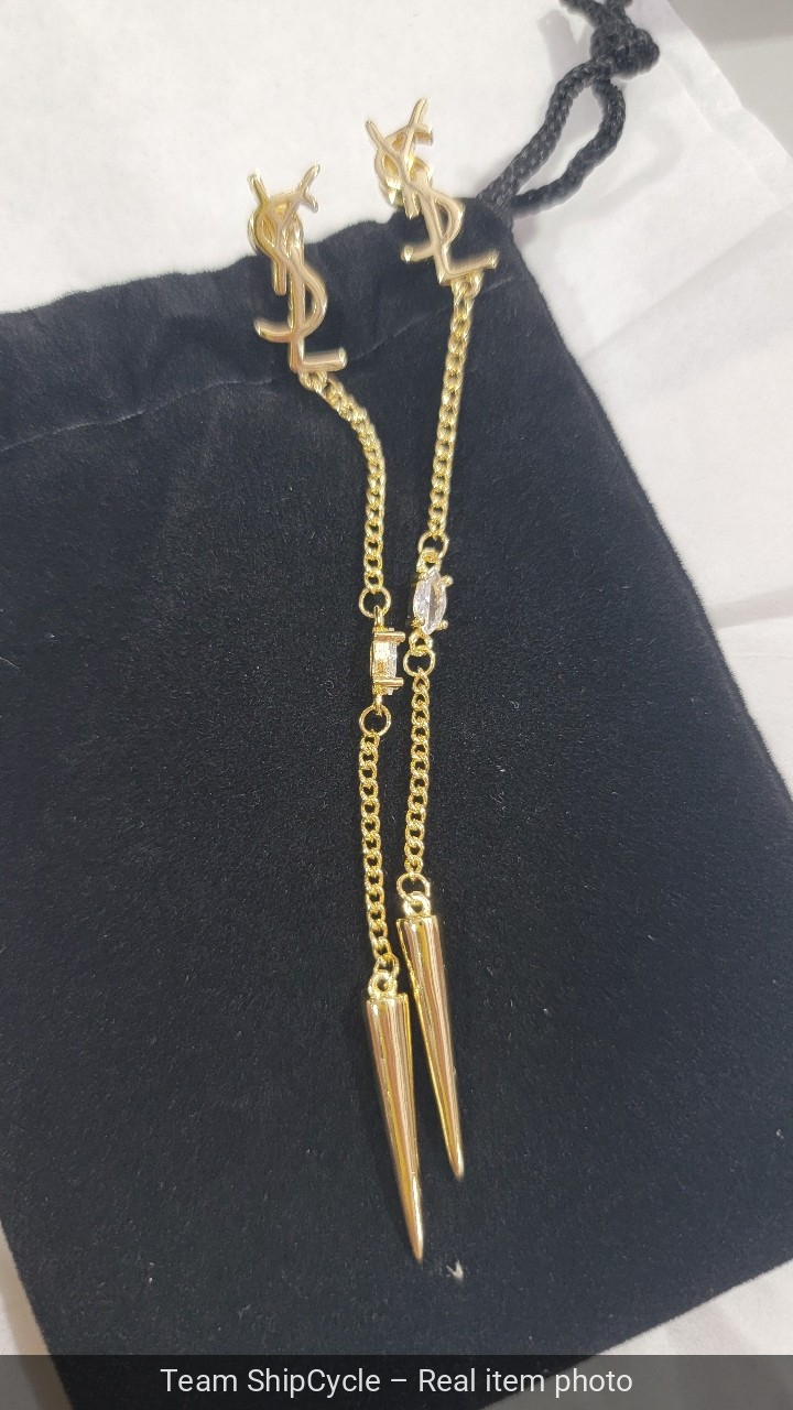 Auth YVES SAINT LAURENT YSL Crystal LOGO Long Chain Drop EARRINGS Gold T G2U