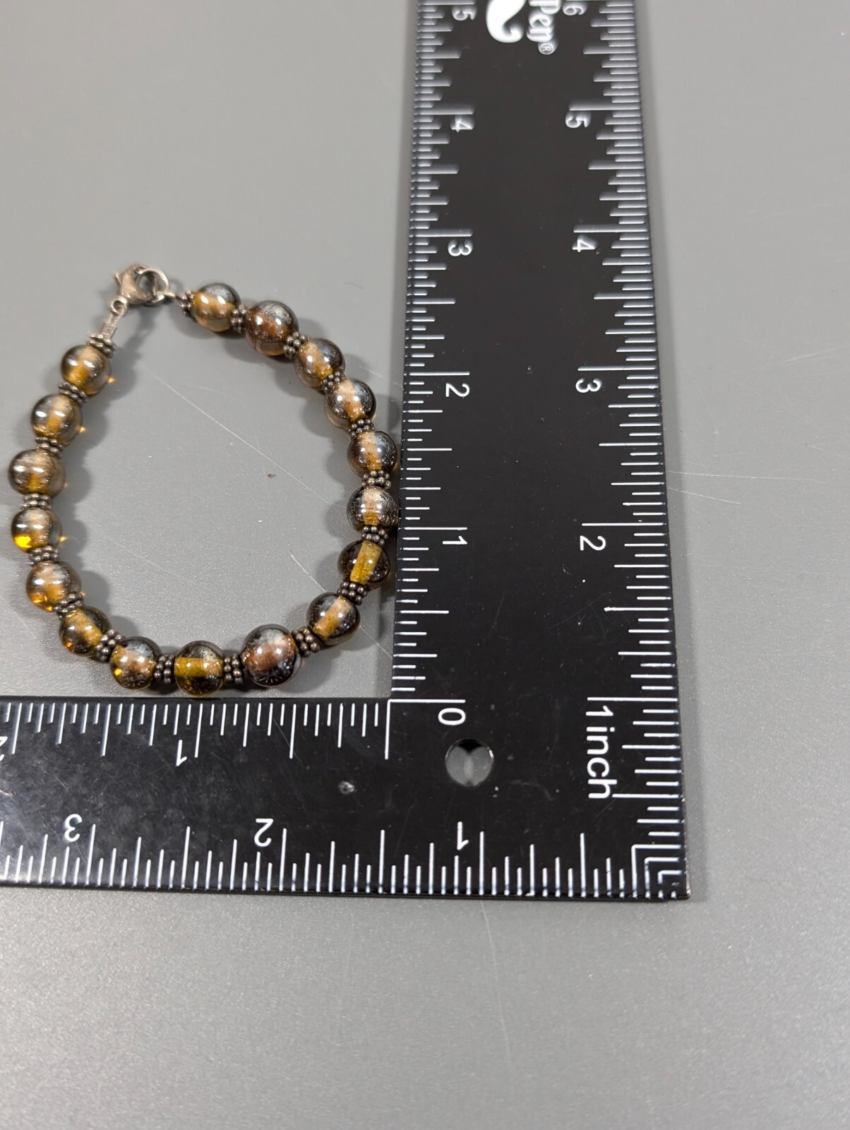 Boho Western Brown Iridescent Glass Round Bead Bracelet Sterling Clasp 6.5 in
