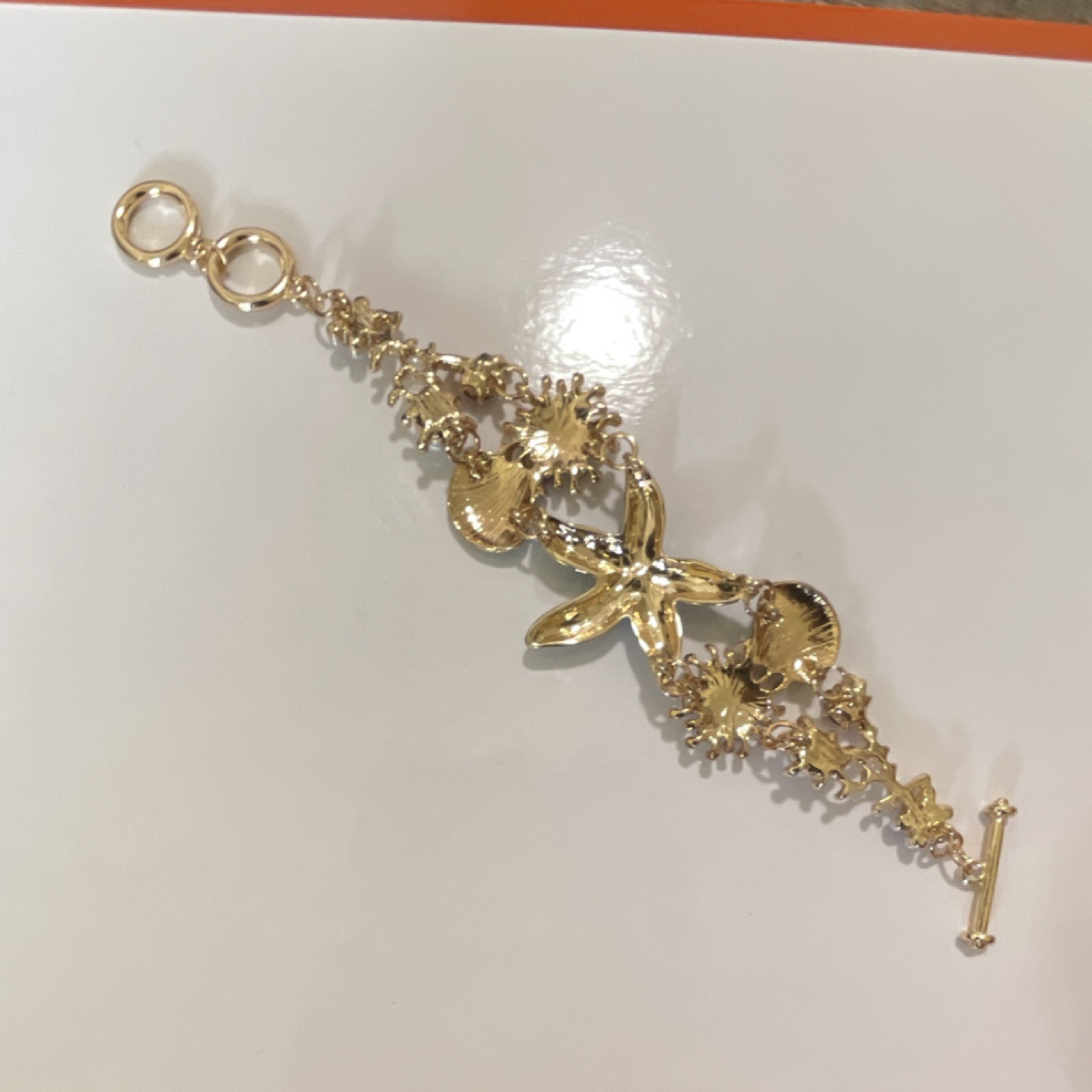 Gold Blue Pink Starfish Seashell Charm Bracelet, Toggle Closure, Adjustable