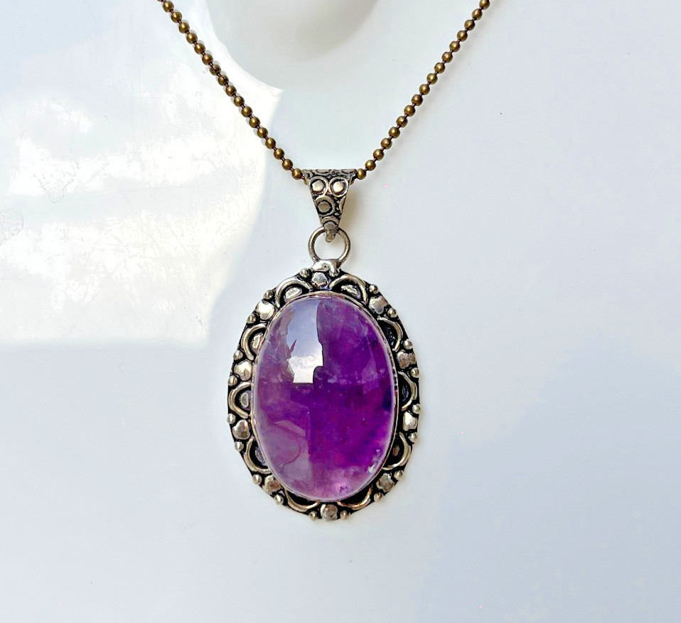 Natural Amethyst Necklace Purple Crystal Pendant Healing Stone Jewelry 24 Inch