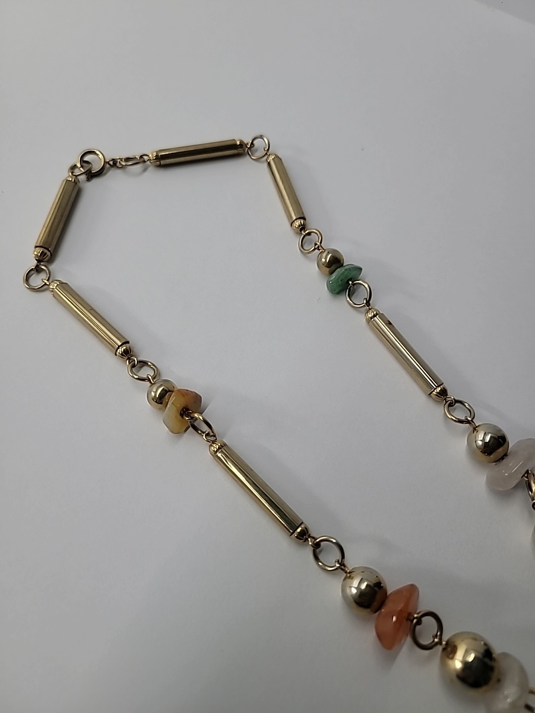 Vintage Gold Tone Beaded Necklace Mixed Stone Chips Bar Link Statement Jewelry