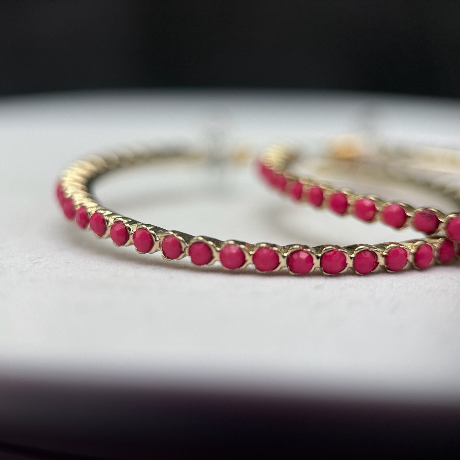 Vintage Plastic Coated Aluminum Pink/Magenta Rhinestone Fashion Enamel Hoop