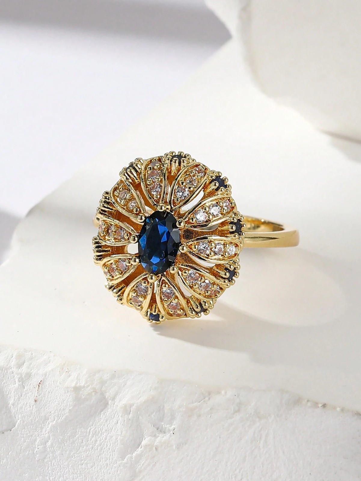 Gold Plated Vintage Floral Blue Sapphire CZ Halo Statement Ring Womens