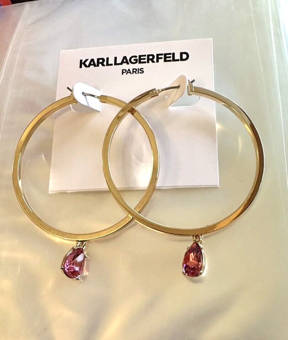 Karl Lagerfeld Paris Gold-Tone Pink Crystal Charm Hoop Earrings $45