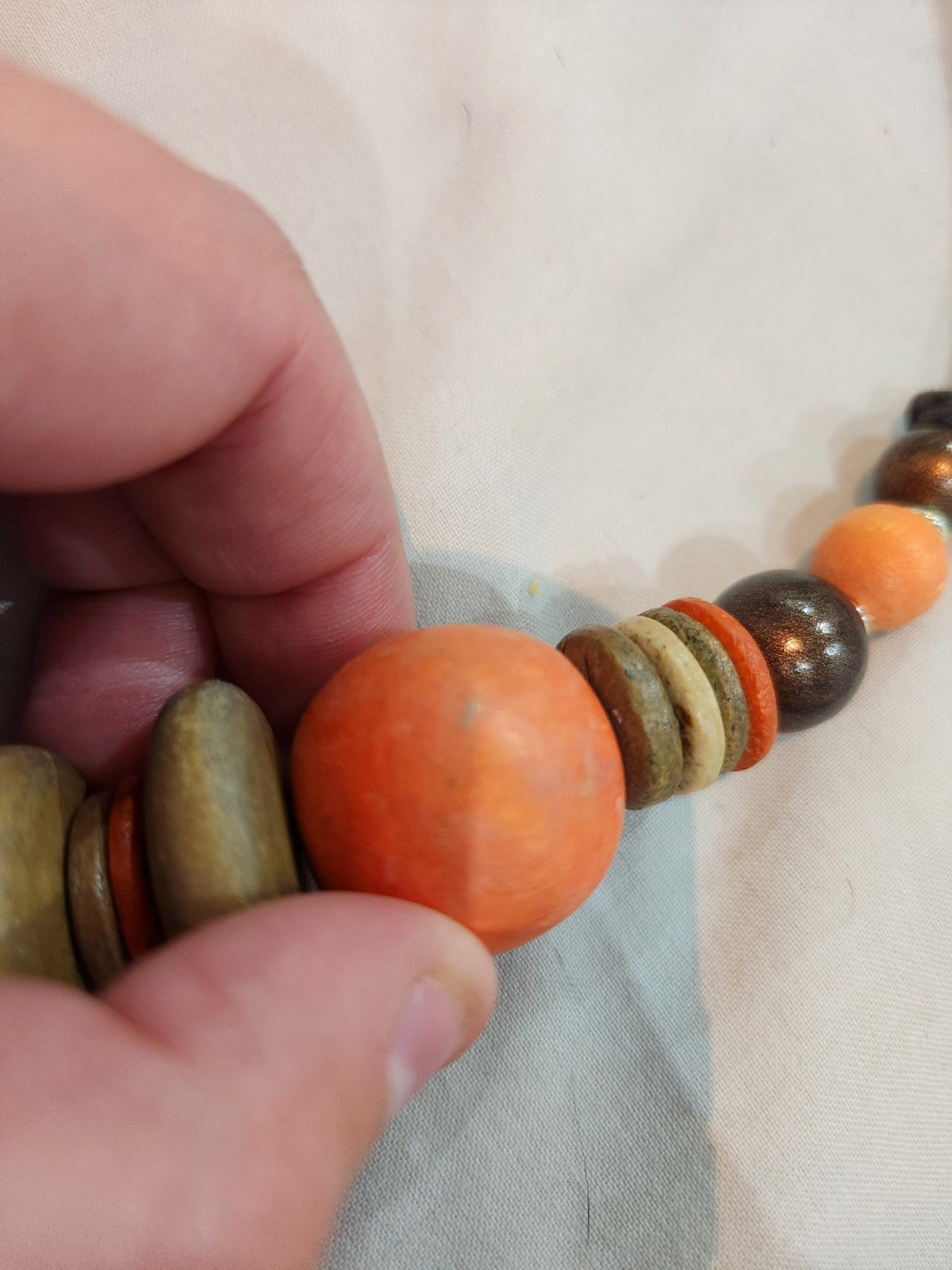 Boho Wooden Bead Statement Necklace Orange Brown Adjustable Cord Festival Style