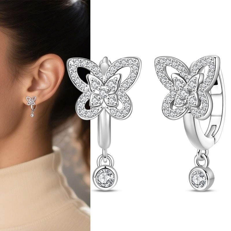 PANDACH Sterling Silver Dainty Crystals Butterfly Dangle Hoop Earrings For Women