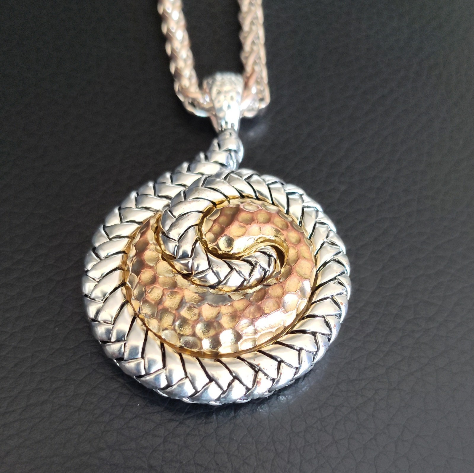 two-tone silver & gold tone round coin pendant spiga/wheat chain toggle