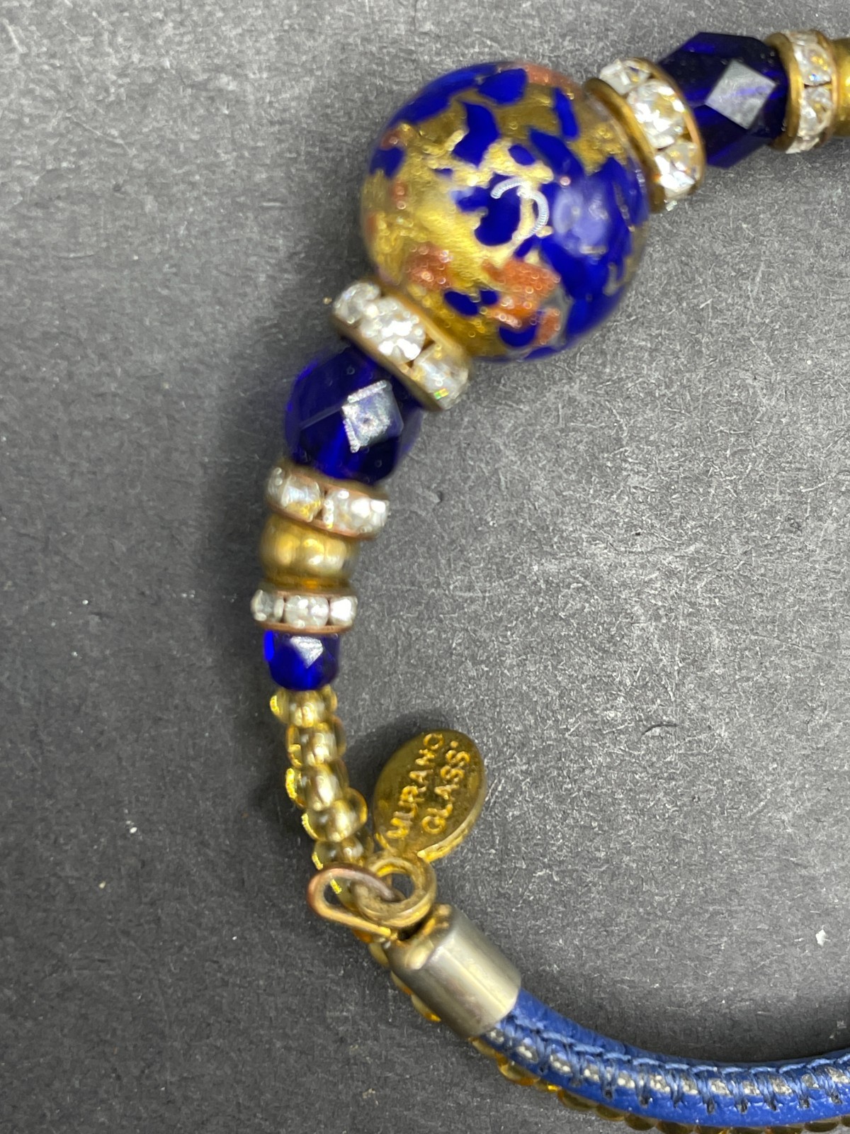 Murano Glass Coil Wrap Bracelet Blue Gold Foil Venetian Bead Rhinestone Leather