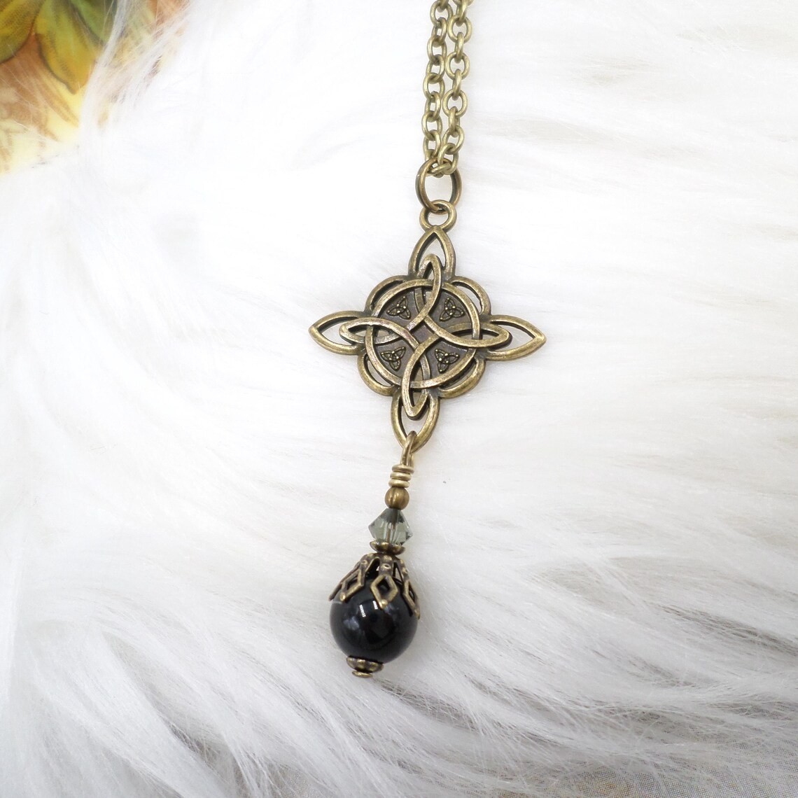 Celtic Knot Necklace, Black Bead Antique Brass Witch Knot Handmade Jewelry