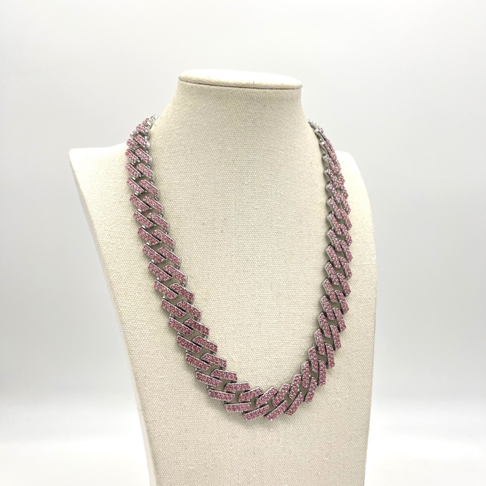 Invicta Pink Crystal Iced Out Cuban Link Chain Necklace Silver Tone 22 Inch
