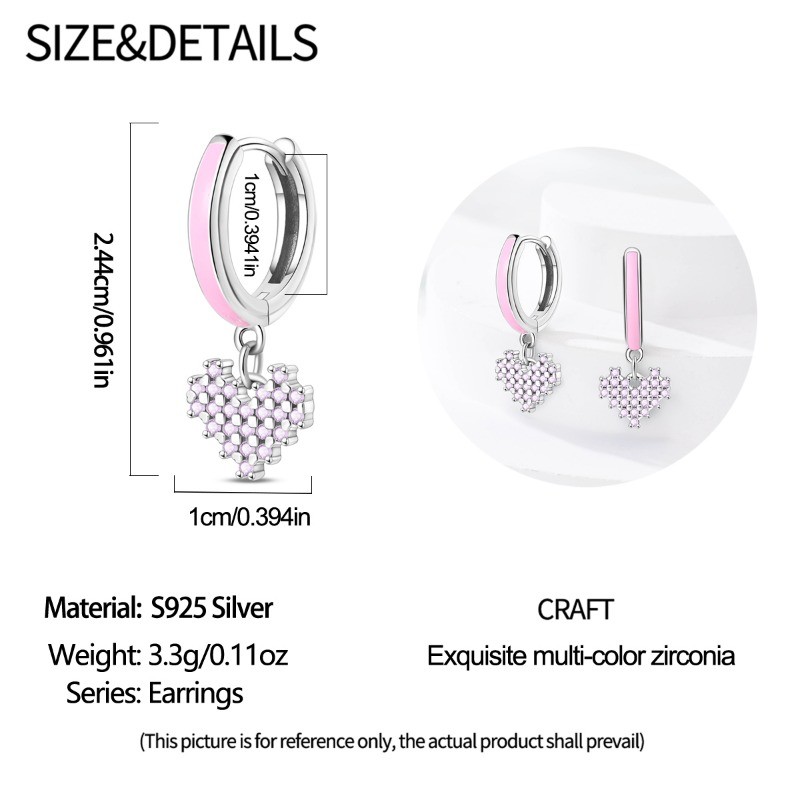 PANDACH 925 Sterling Silver Pink Heart Pendant Earrings, Dainty Gifts for Women
