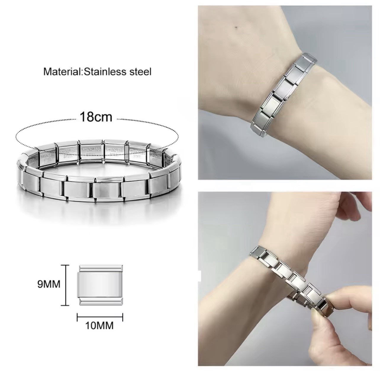 Italian modular stainless steel adjustable charm bracelet, 9mm, silver