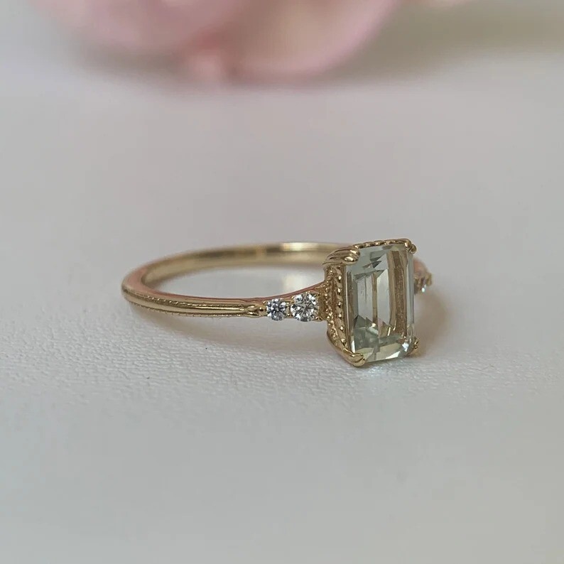 Emerald Cut Green Amethyst Gemstone Silver Ring Handmade Womens Ring