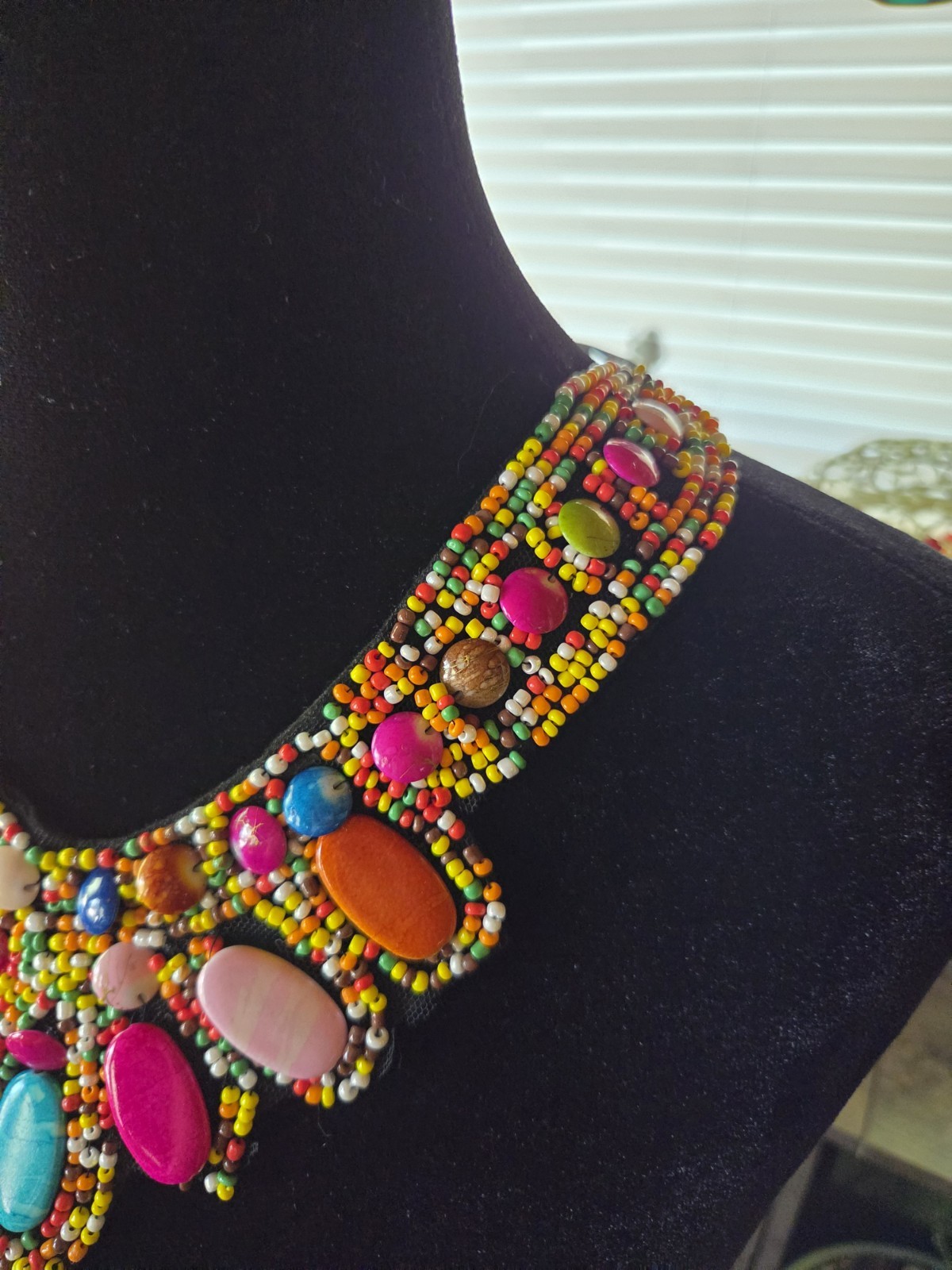 Carnival Style Beaded Bib Necklace Wide With Ribbon Tie Boho