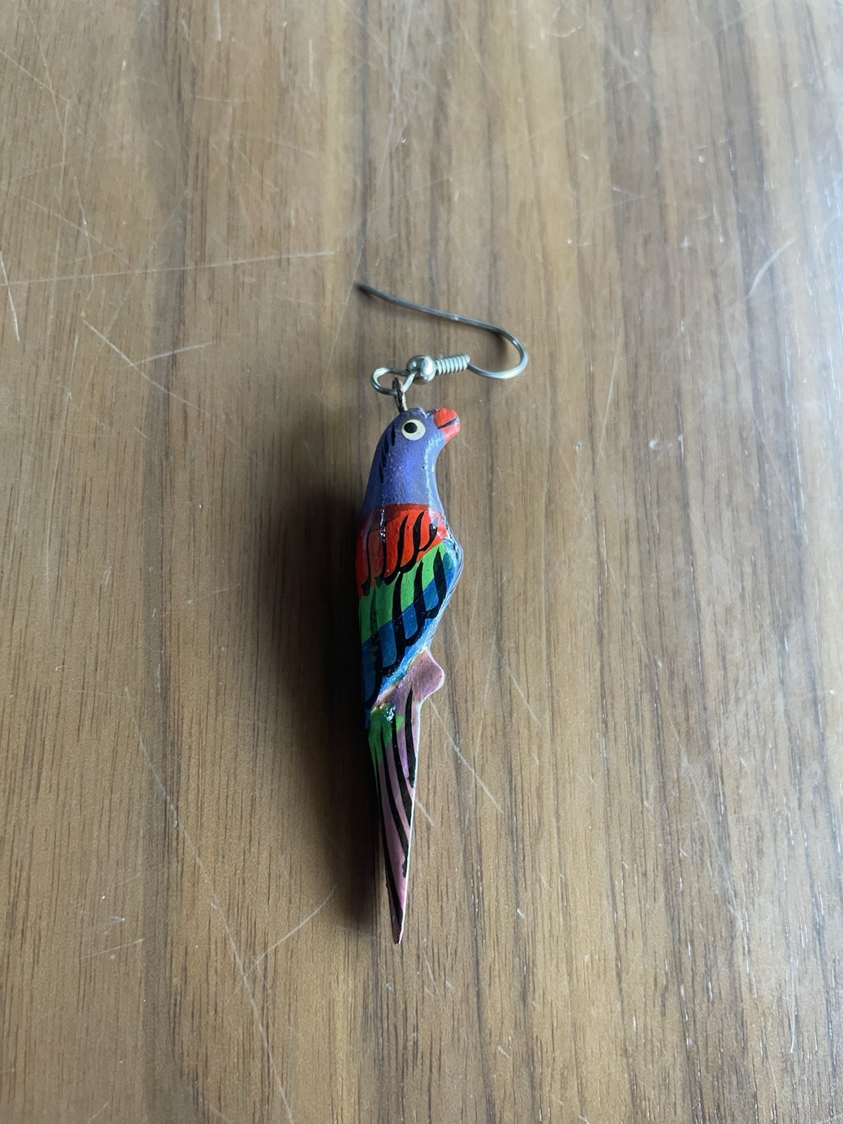 Wooden Bird Parrot Earrings Cute Wood Dangle Hook Parakeet Retro Vintage Japan