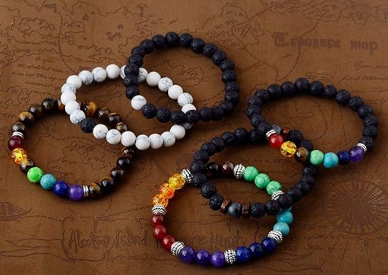 6x Lava Rock Stone 7 Chakra Bracelet Set Yin Yang Gemstone Elastic Healing Beads