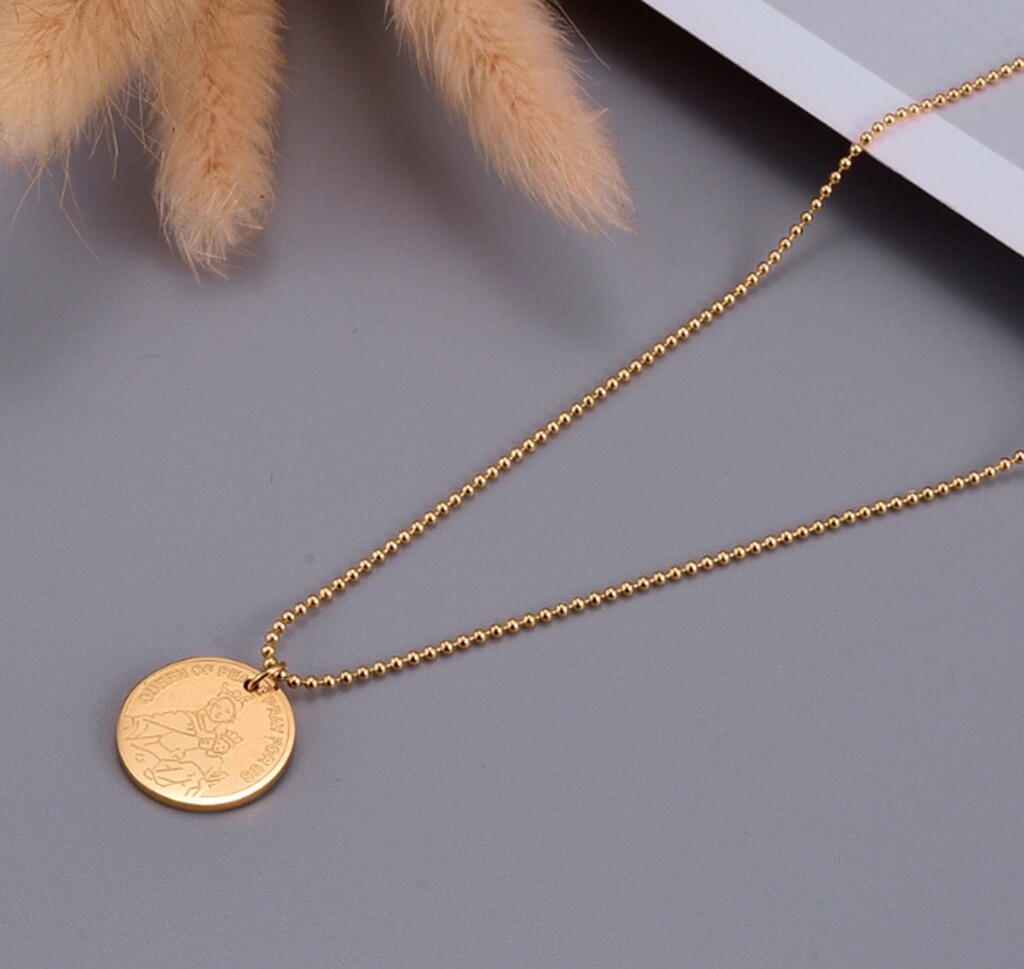 Women Girl Titanium Stainless Steel Our Lady of Mary Round Gold Coin Necklace