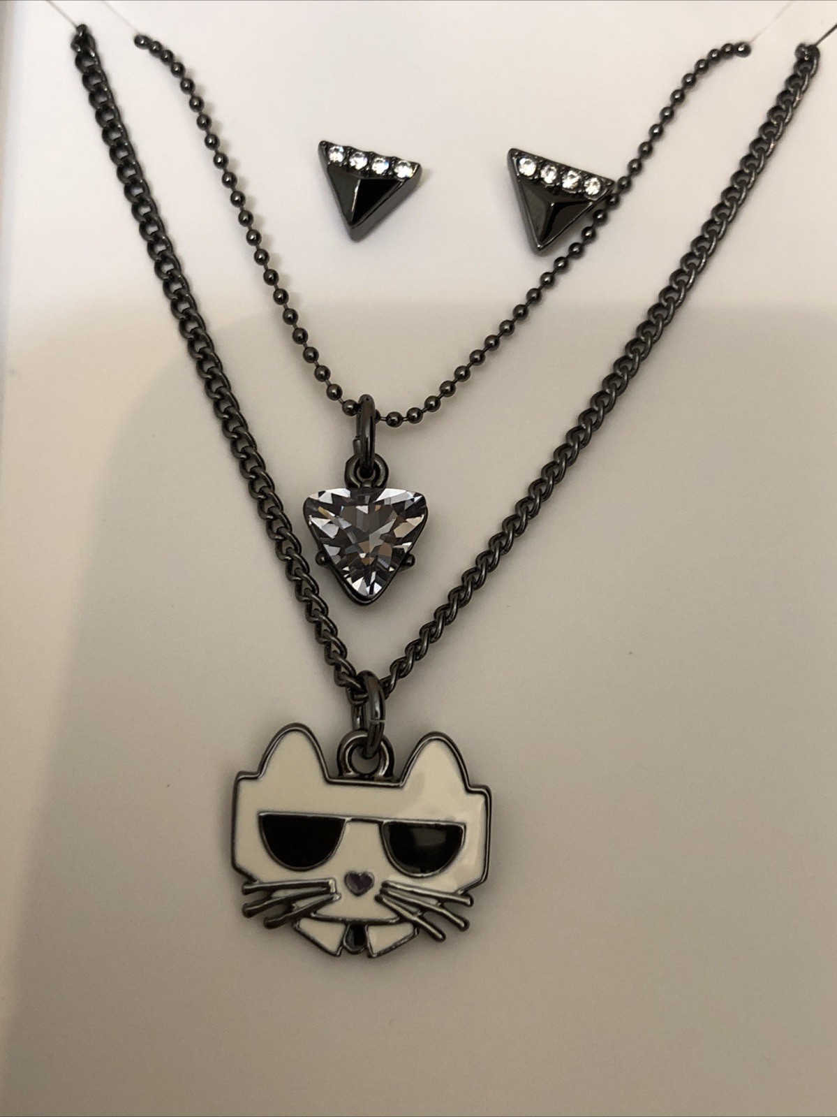 Karl Lagerfeld Paris Choupette Layered Pendant Necklace & Stud Earring Set NIB