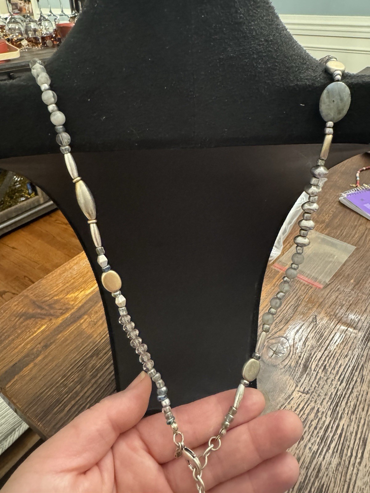 1928 Jewelry Mixed Beaded Necklace Gray Green Stone Antique Silver Gold Tone