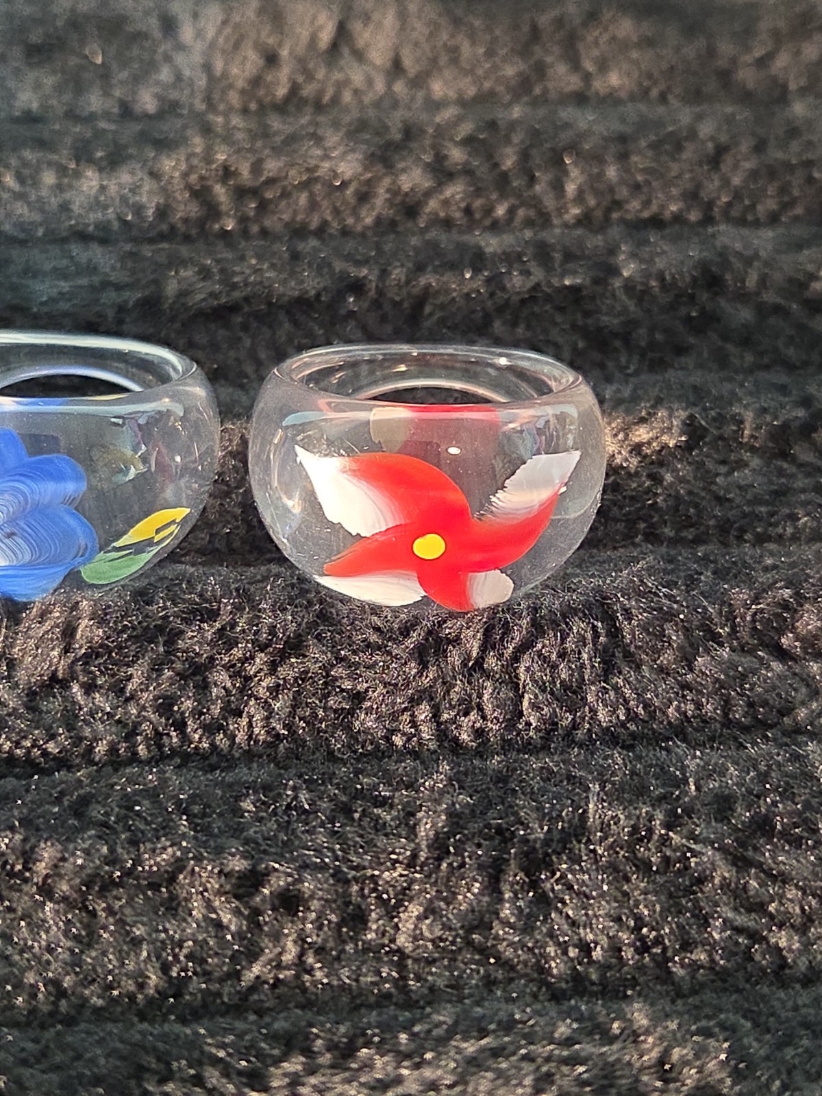 5 Plastic Resin Rings Multicolor Flower Ring Clear Band Handmade Painted Size 10
