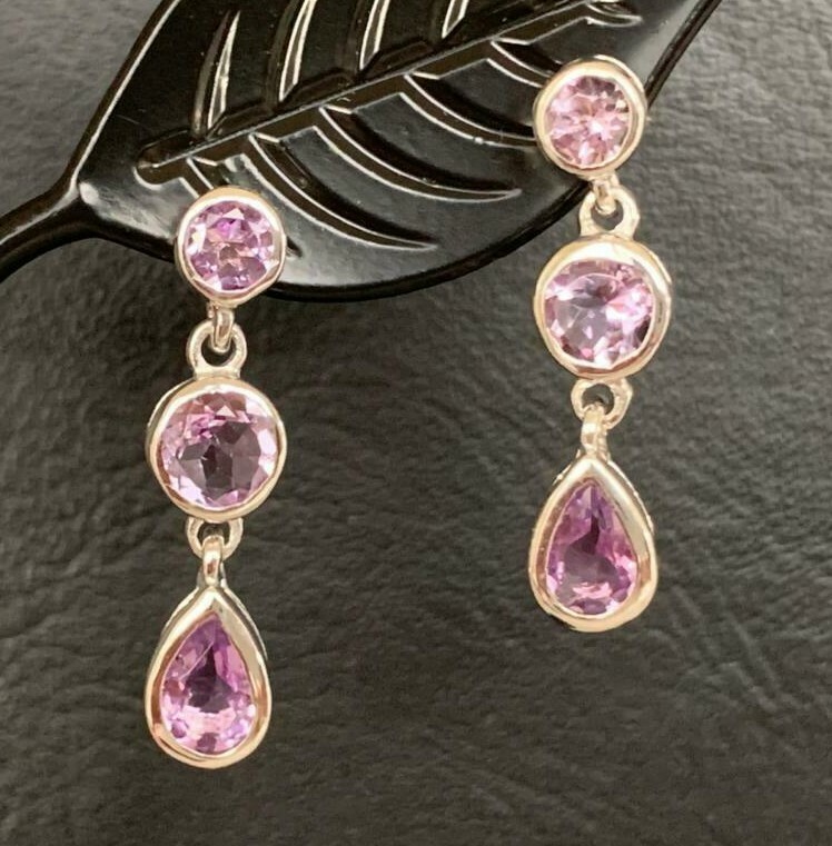 925 Sterling Silver Amethyst Earrings Multi 3 Gemstones Round Teadrop Earrings