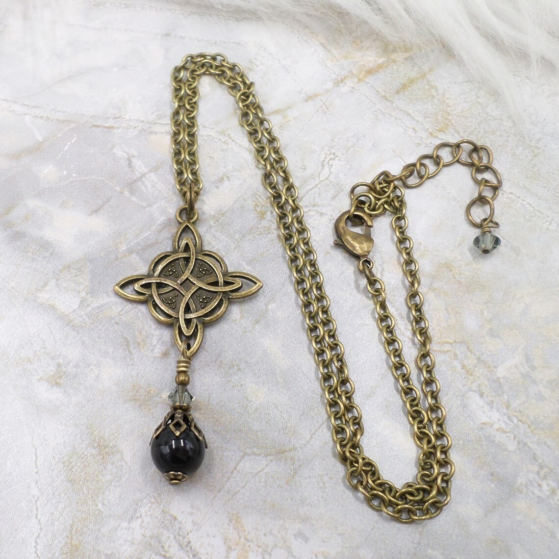 Celtic Knot Necklace, Black Bead Antique Brass Witch Knot Handmade Jewelry