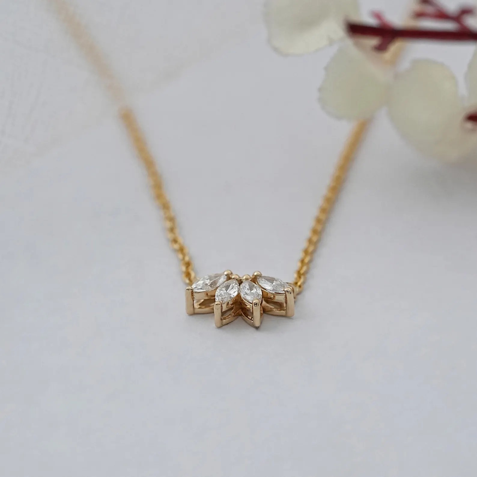 1.00 Ct Marquise EF VS Lab Grown Diamond Cluster Set Necklace in 14K Yellow Gold