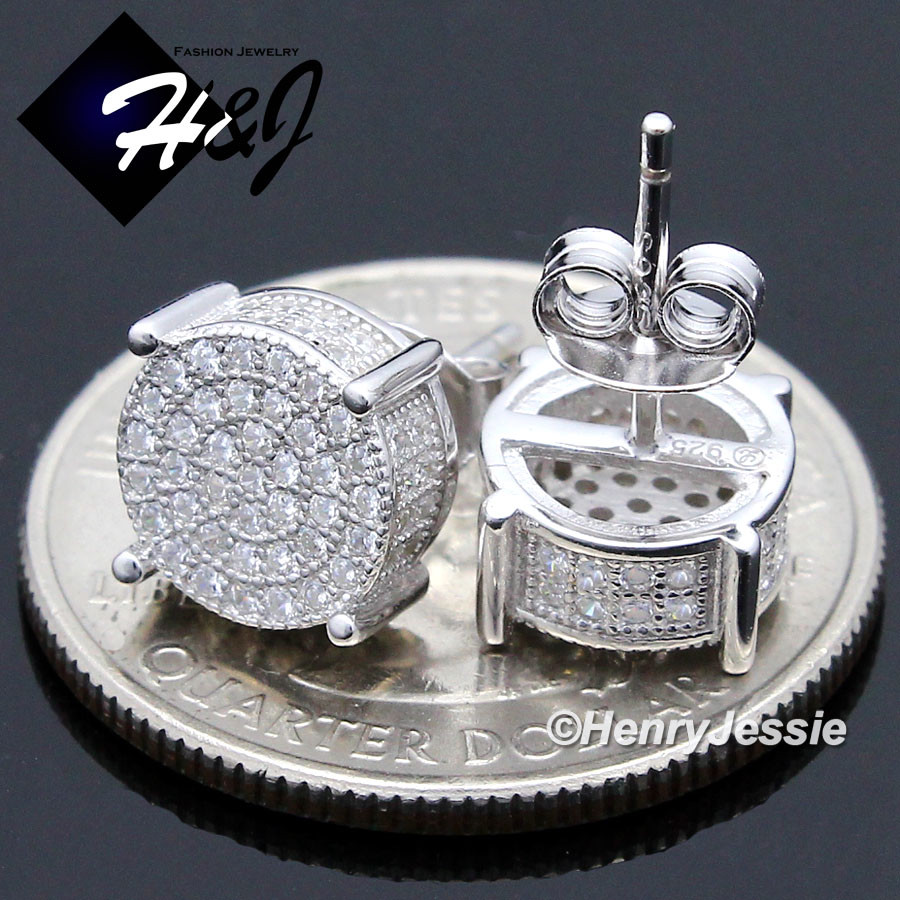 MEN WOMEN 925 STERLING SILVER ICY CZ 8MM ROUND PUSH BACK 3D STUD EARRING*E120