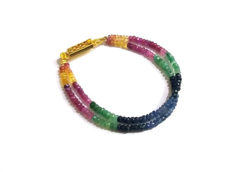 Dainty 2 Strand Multi Sapphire Faceted Rondelle Gemstone Beaded Bracelets 6-8”