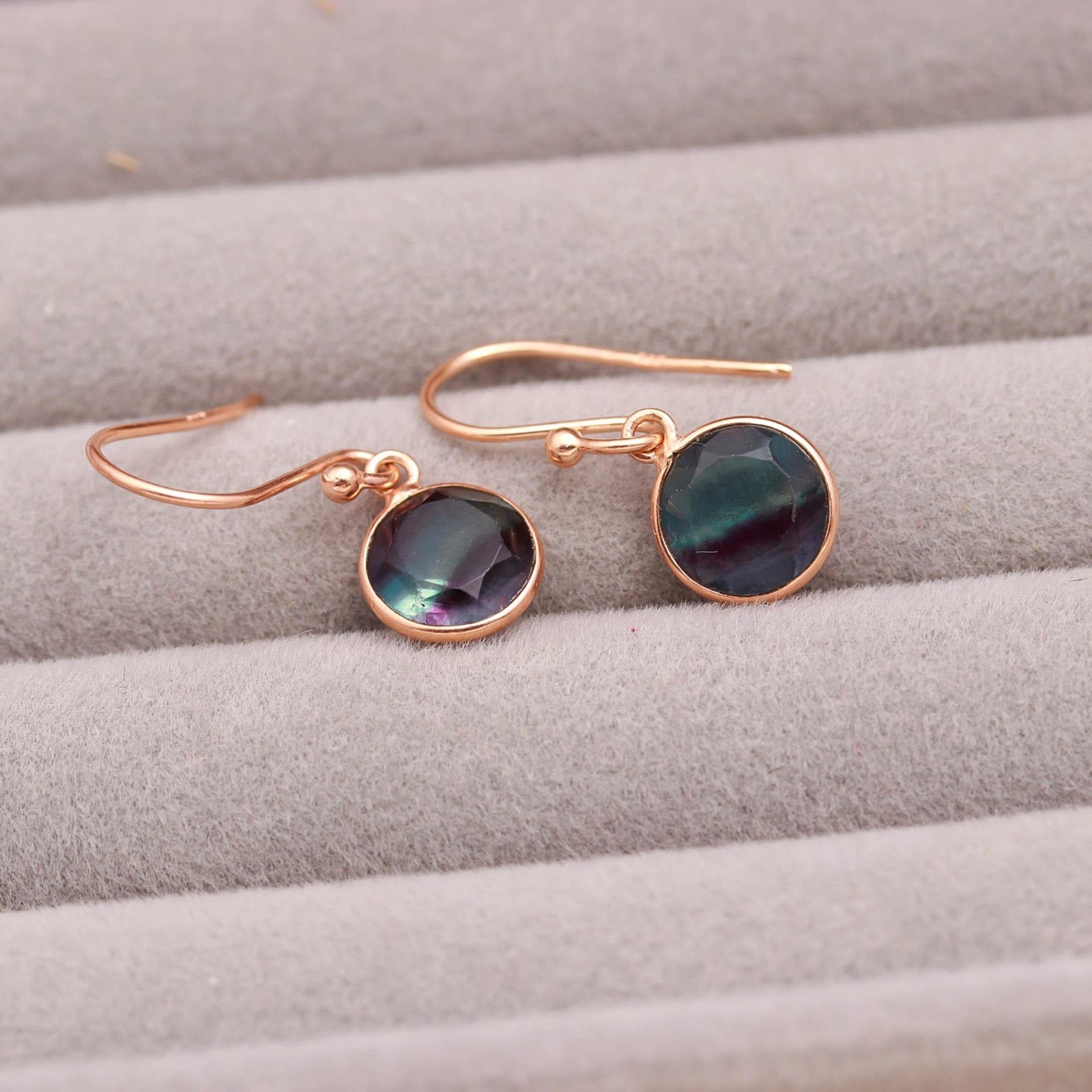 100%Natural Fluorite Round Dangle Earrings Rose Gold Plated Solid Silver Jewelry