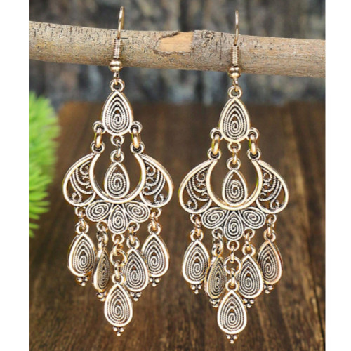 Bronze/Gold Teardrop Dangle Earrings ✨ Swirl Design 3″ Boho India Style Jewelry