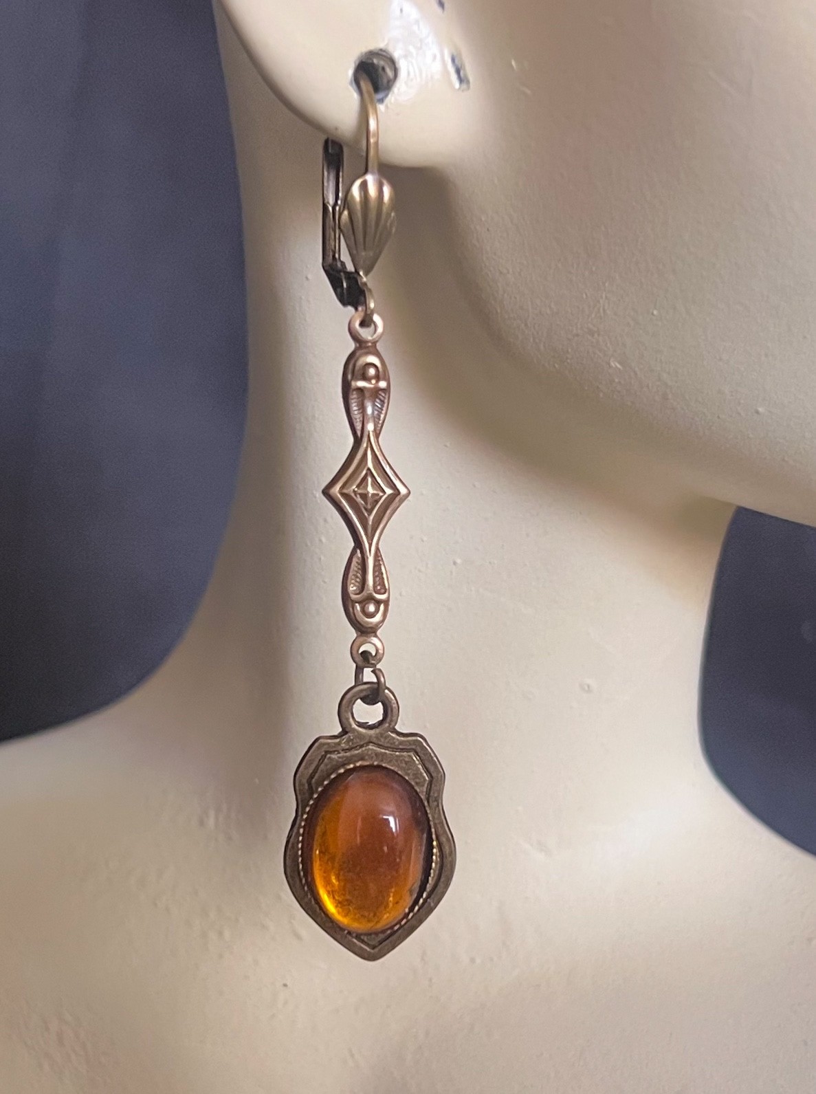 Victorian Revival Earrings Long Gothic Drops W Antique Amber Czech Glass