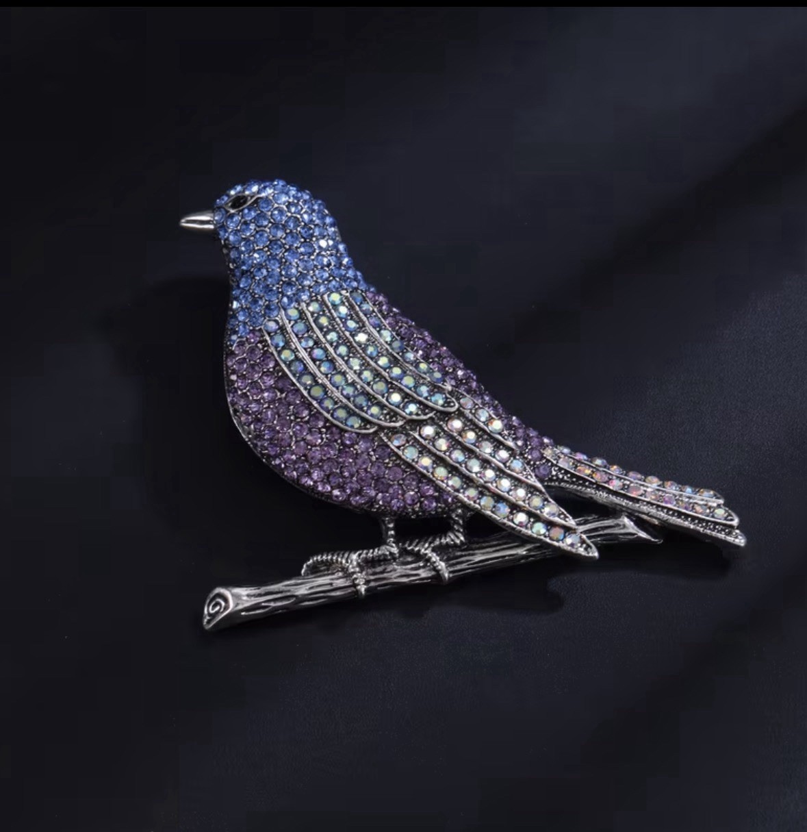 Rhinestone Bird Brooch Blue Purple Crystal Pin Vintage Style Statement