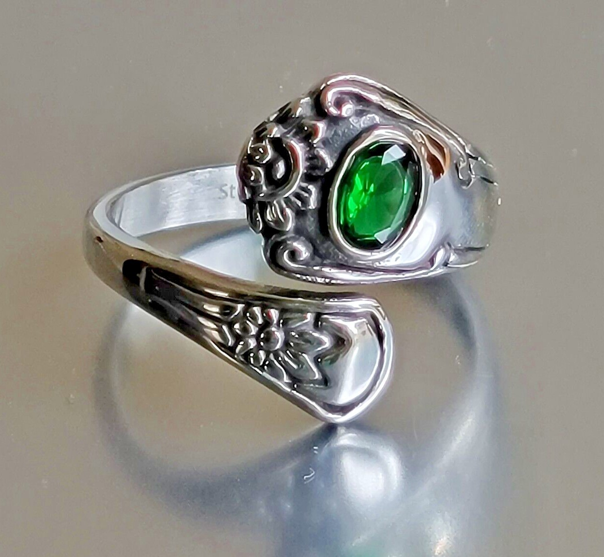 Stainless Steel Spoon Ring – Silver Finish Spoon Ring with Green CZ & Flower