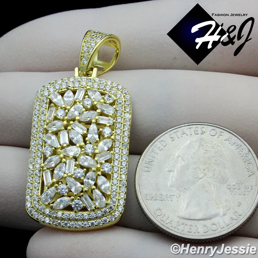 MEN WOMEN 925 STERLING SILVER ICY CUBIC ZIRCONIA GOLD PLATED DOG TAG PENDANT*251