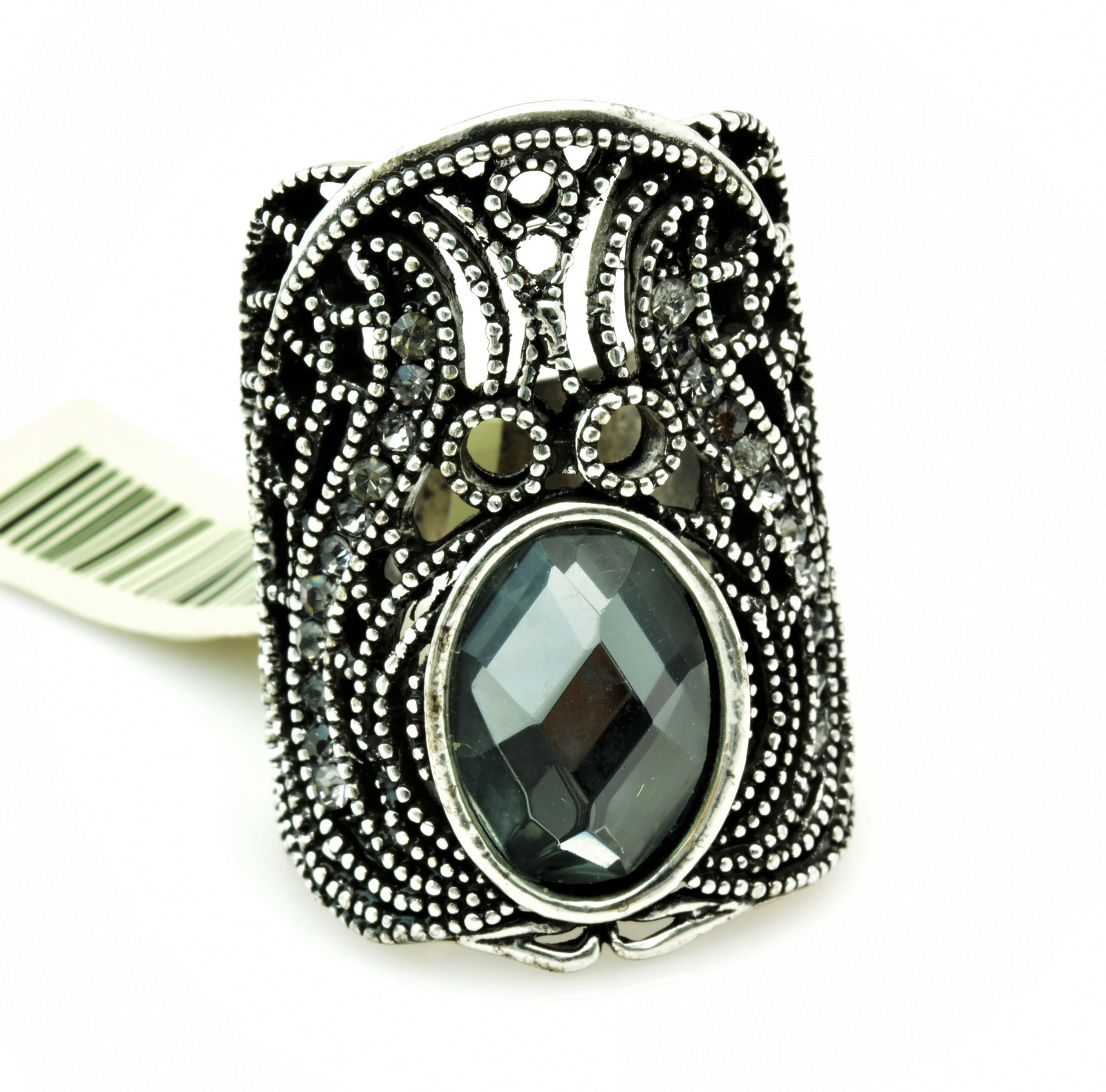 Size 7 Wide Cut Out Band Ring Smoky Silver Crystal Clear Channel Set CZ Accents