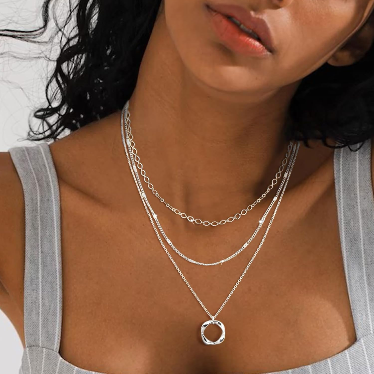 Layered Silver Necklaces for Women, Sterling Silver Stackable Stack Choker Neckl