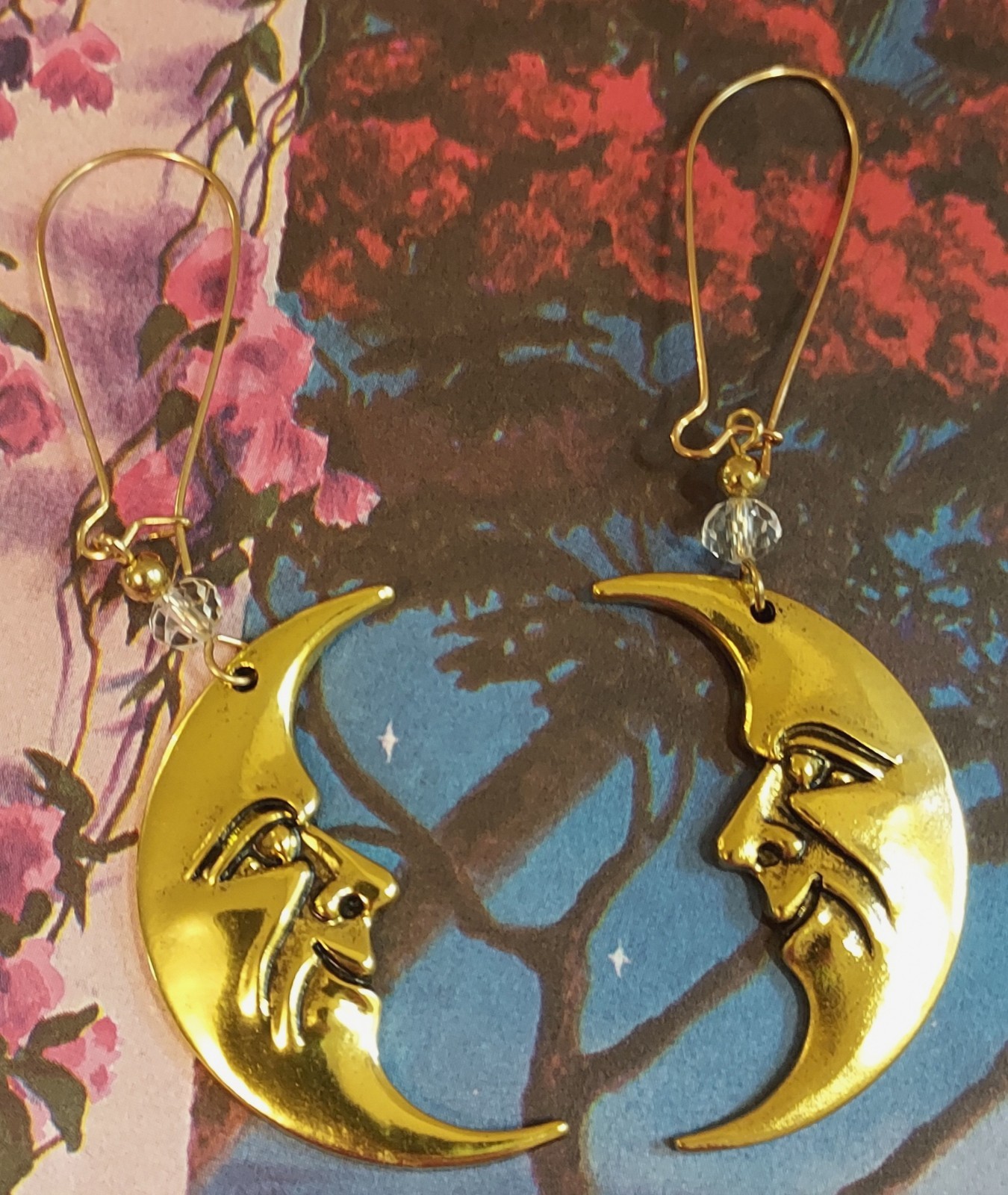 Moon Face Dangle Earrings Gold Tone Celestial Crescent Moon Statement