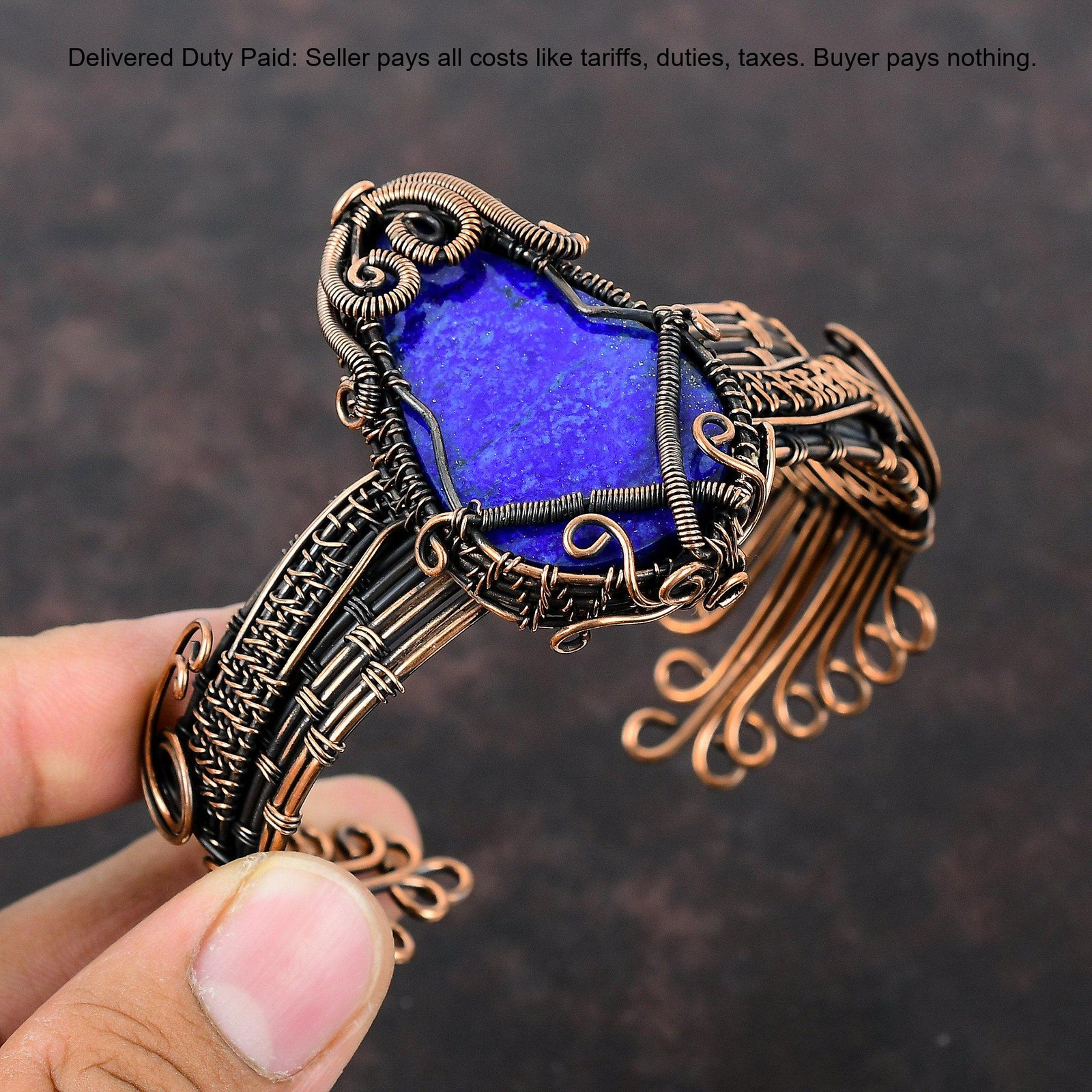 Copper September Lapis Lazuli Gemstone Wire Wrapped Handcrafted Bangle Jewelry