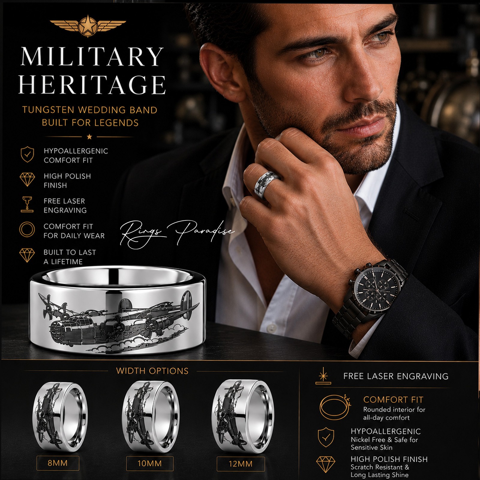 B-24 Airplane Tungsten Wedding Band with WWII Aviation Engraving – 8mm 10mm 12mm