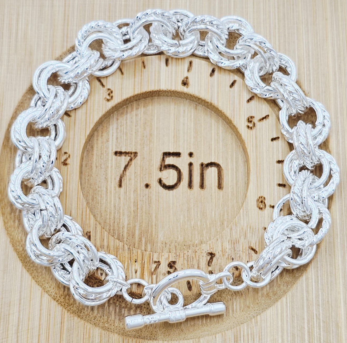 Bracelet 8 in 925 Sterling Silver Charm Round Link Chain Interlocking Many Rings