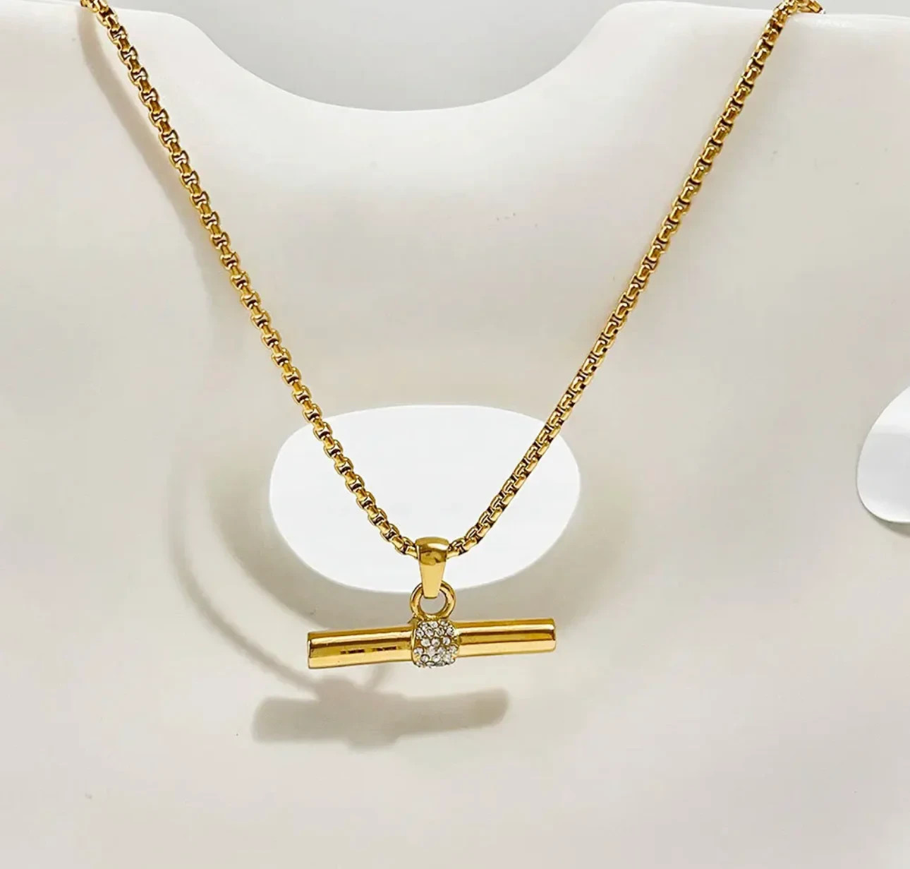 Rolo Chain Necklace Brass Metal T Bar Pendant With CZ necklace for gift
