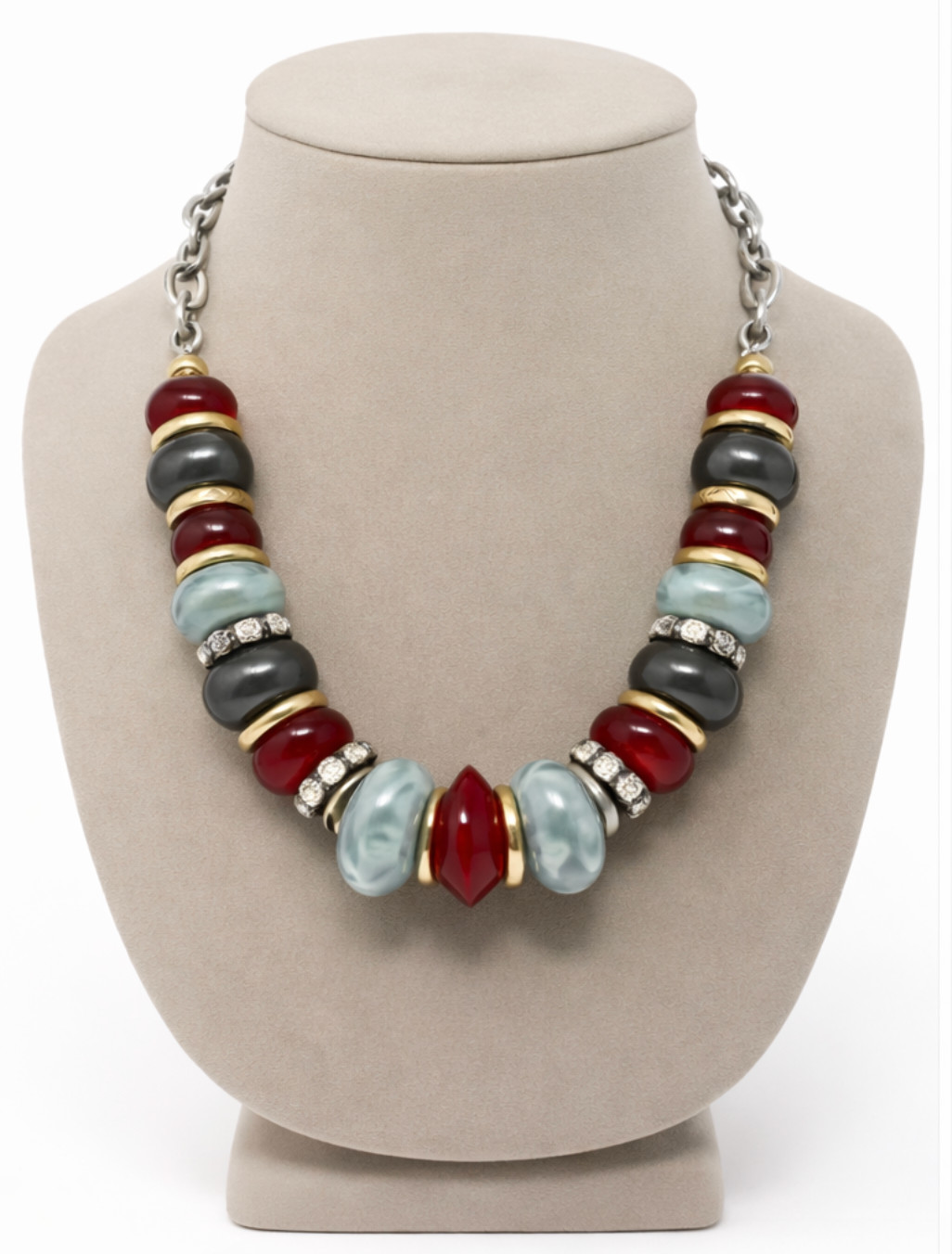 Statement Bib Necklace Red Gray Gold Resin Beads Rhinestone Silver Chain 20-22″