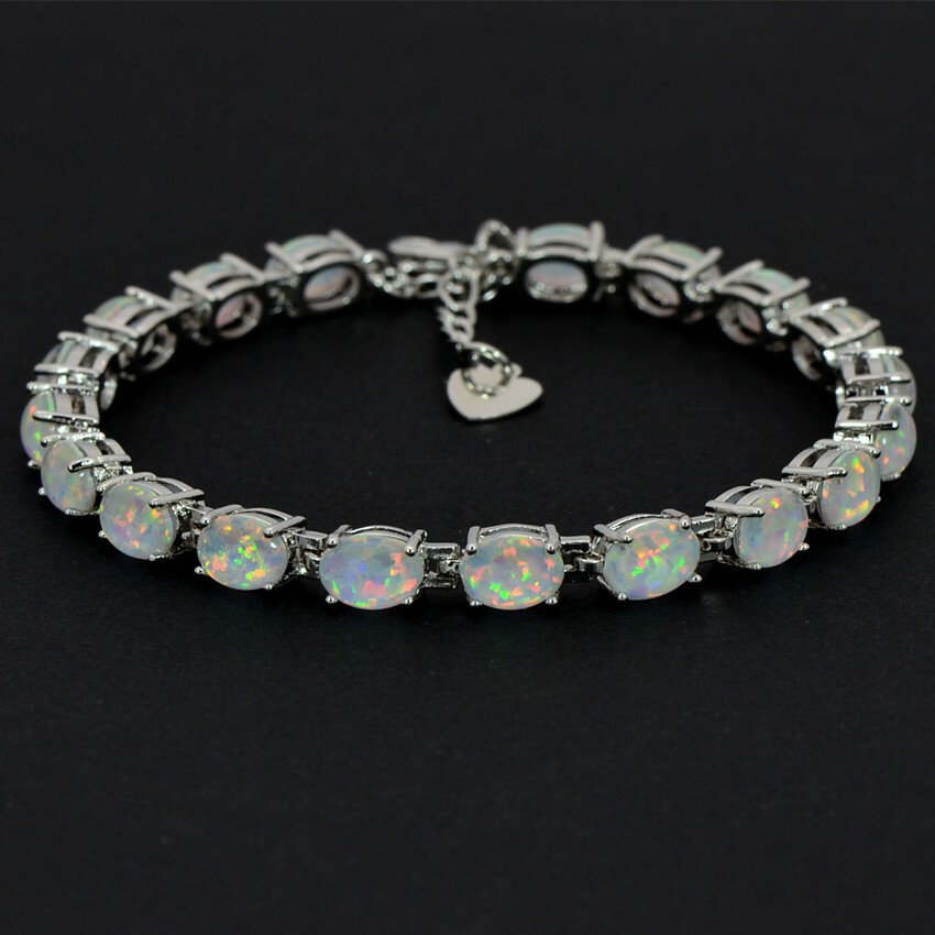 Vikoly Blue/White/Orange/Pink Oval 925 Sterling Sliver Fire Opal Bracelet 18cm